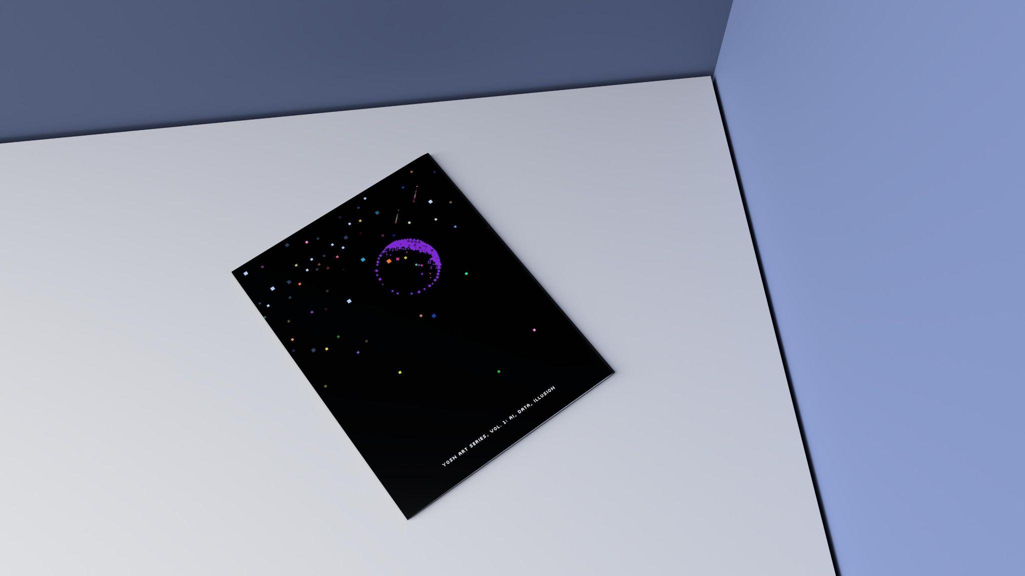Black poster with abstract purple and multicolored design on white and blue surface