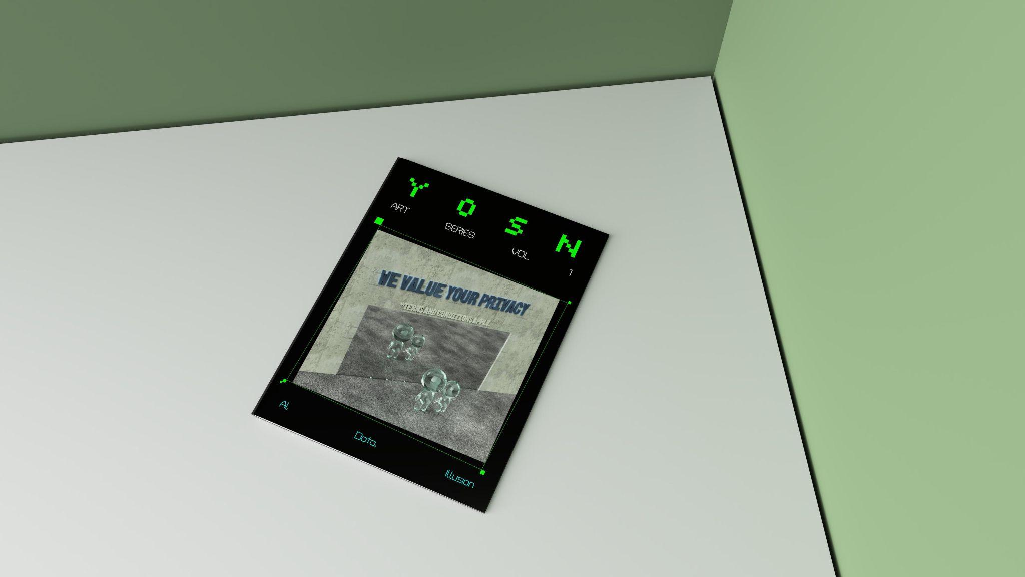 Magazine with digital privacy theme on white table next to green wall