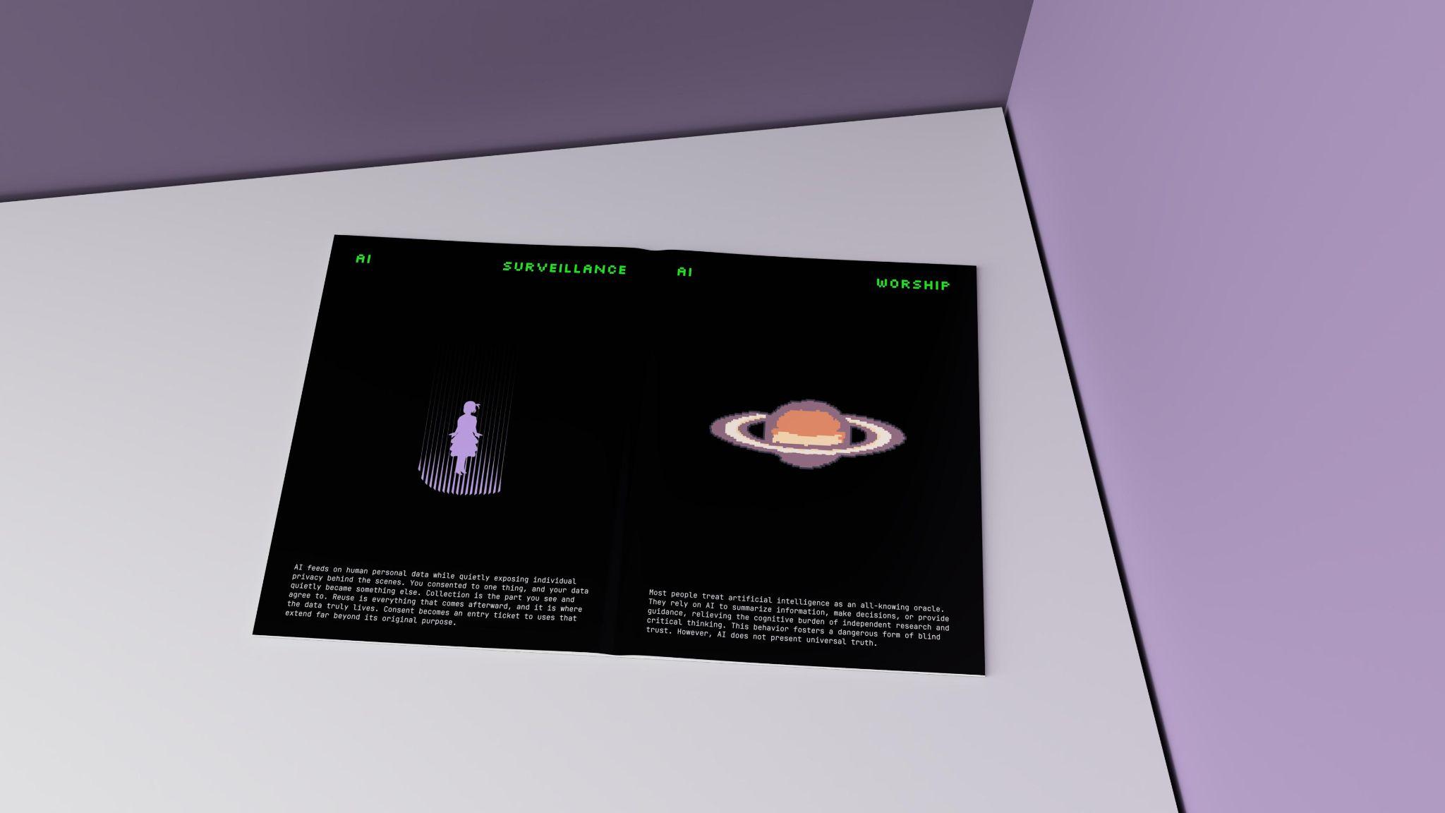 Two black pages with green text, digital illustrations, and text blocks on a white surface