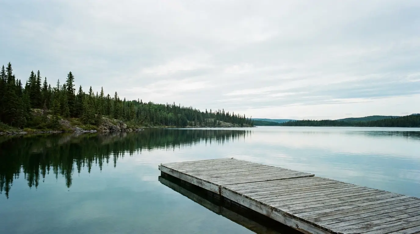 Wooden dock extending into calm lake surrounded by forested landscape under overcast sky