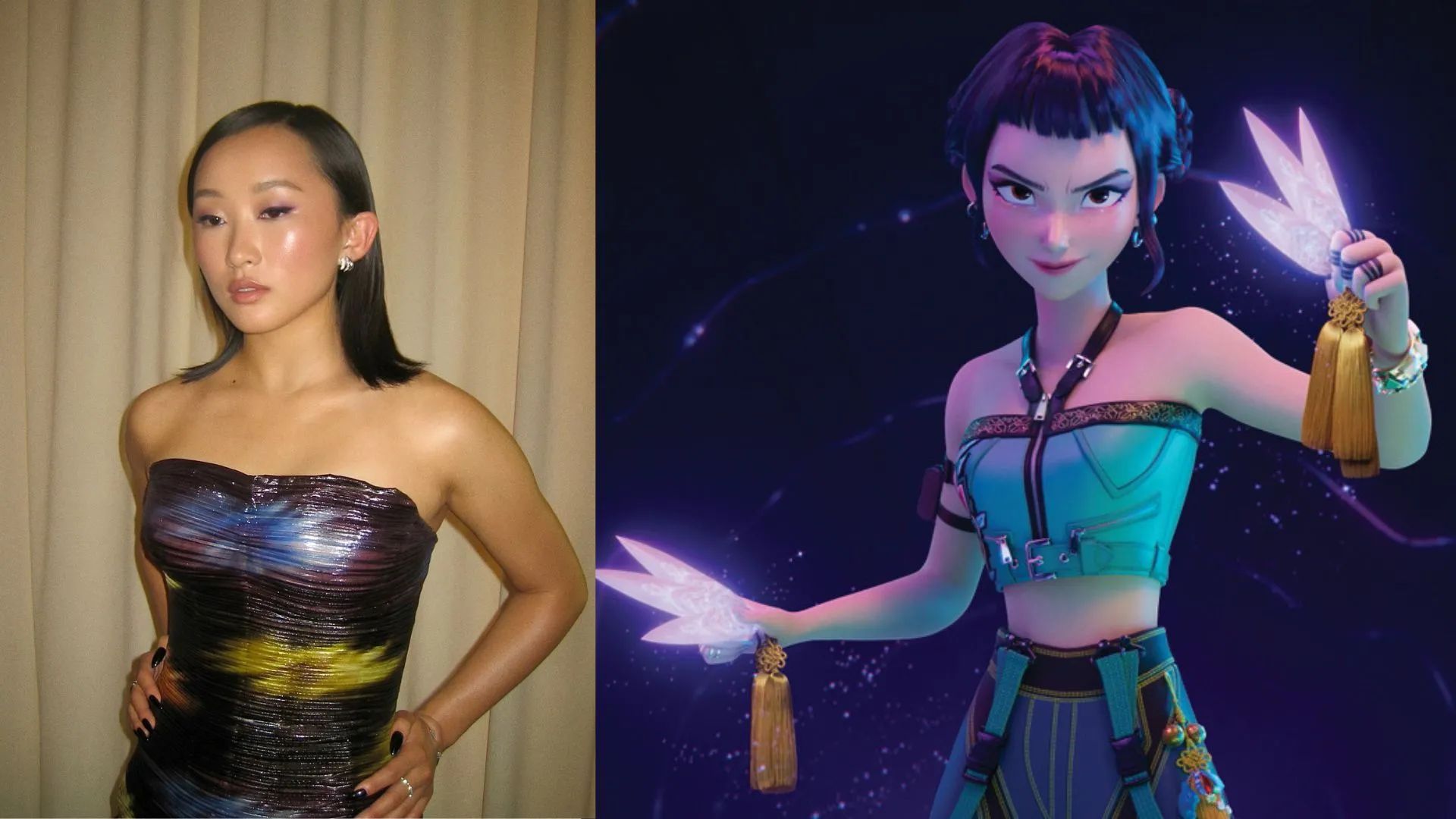 Ji-young Yoo and Zoey from KPop Demon Hunters are displayed side by side, showing the voice actor and animated character design.
