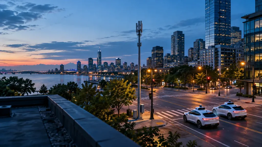Cityscape at dusk with autonomous cars on street near waterfront skyscrapers and illuminated buildings