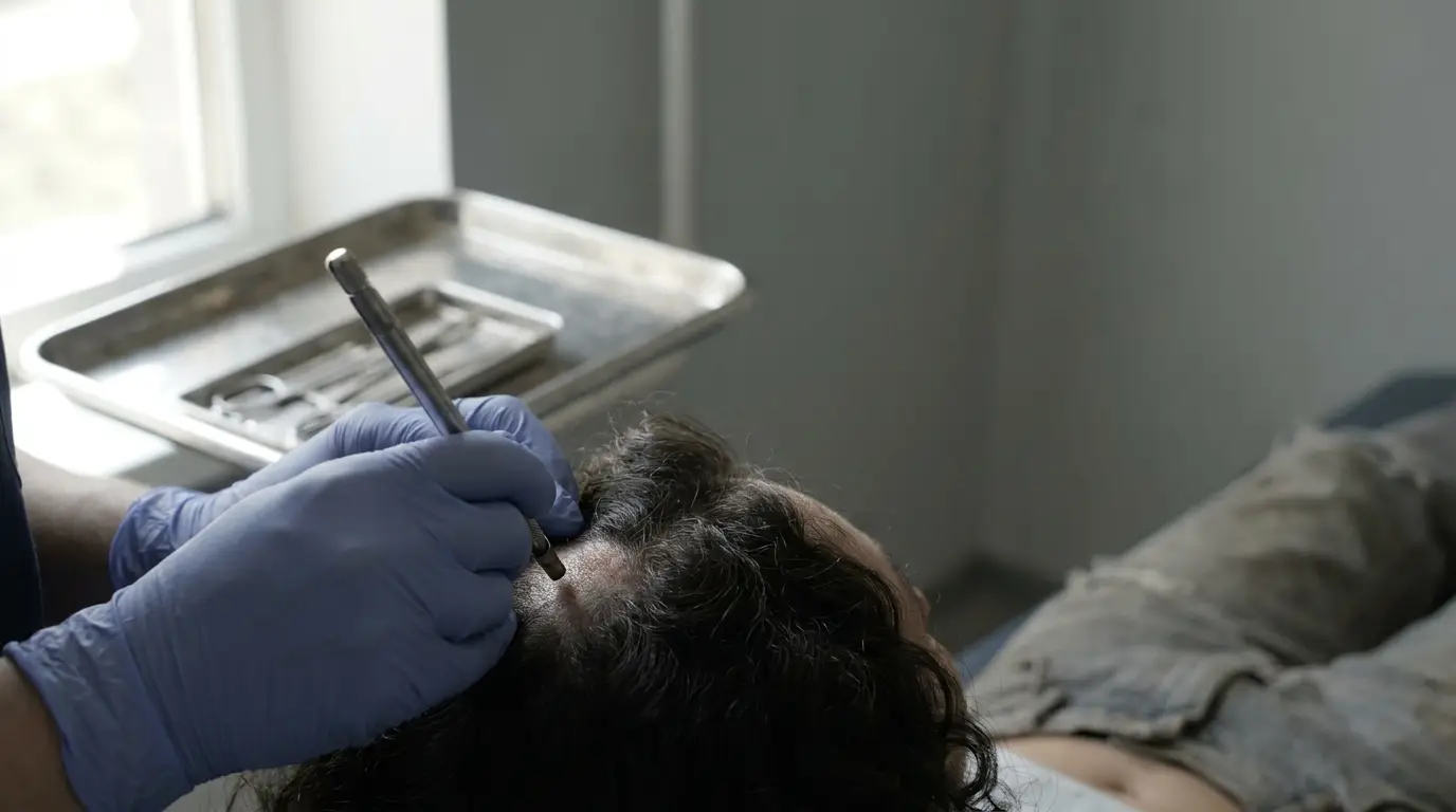 Hair transplant procedure on person's scalp in clinical setting with surgical tools nearby