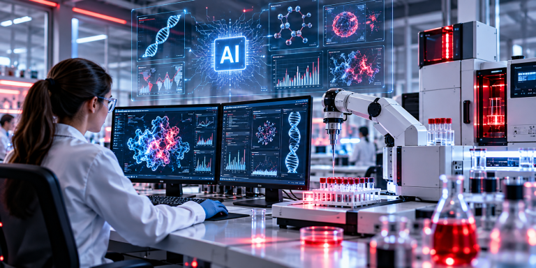 Researcher analyzing molecular graphics on computer monitors with AI interface in modern lab setting