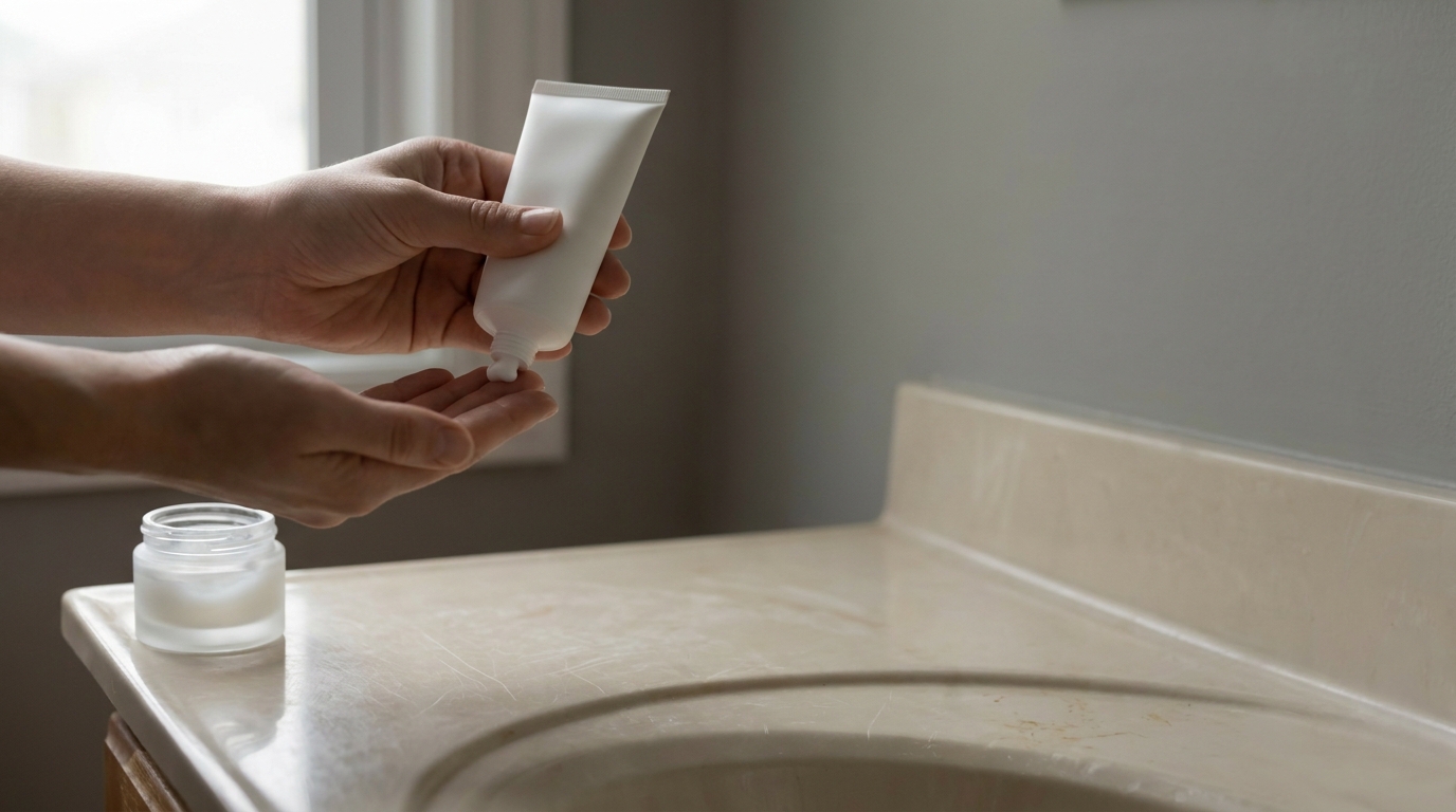 Hands applying lotion from tube onto skin beside jar on bathroom counter