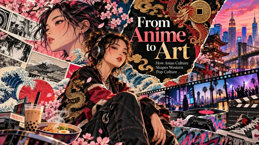 Anime-style illustration of a young woman in headphones surrounded by Asian cultural elements