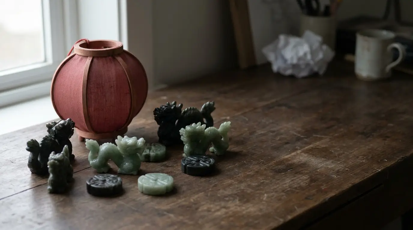 Stone figurines and red paper lantern on rustic wooden table in soft natural light