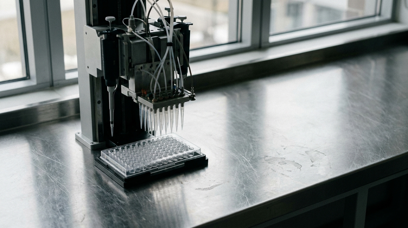 Laboratory pipetting machine on stainless steel countertop near large window