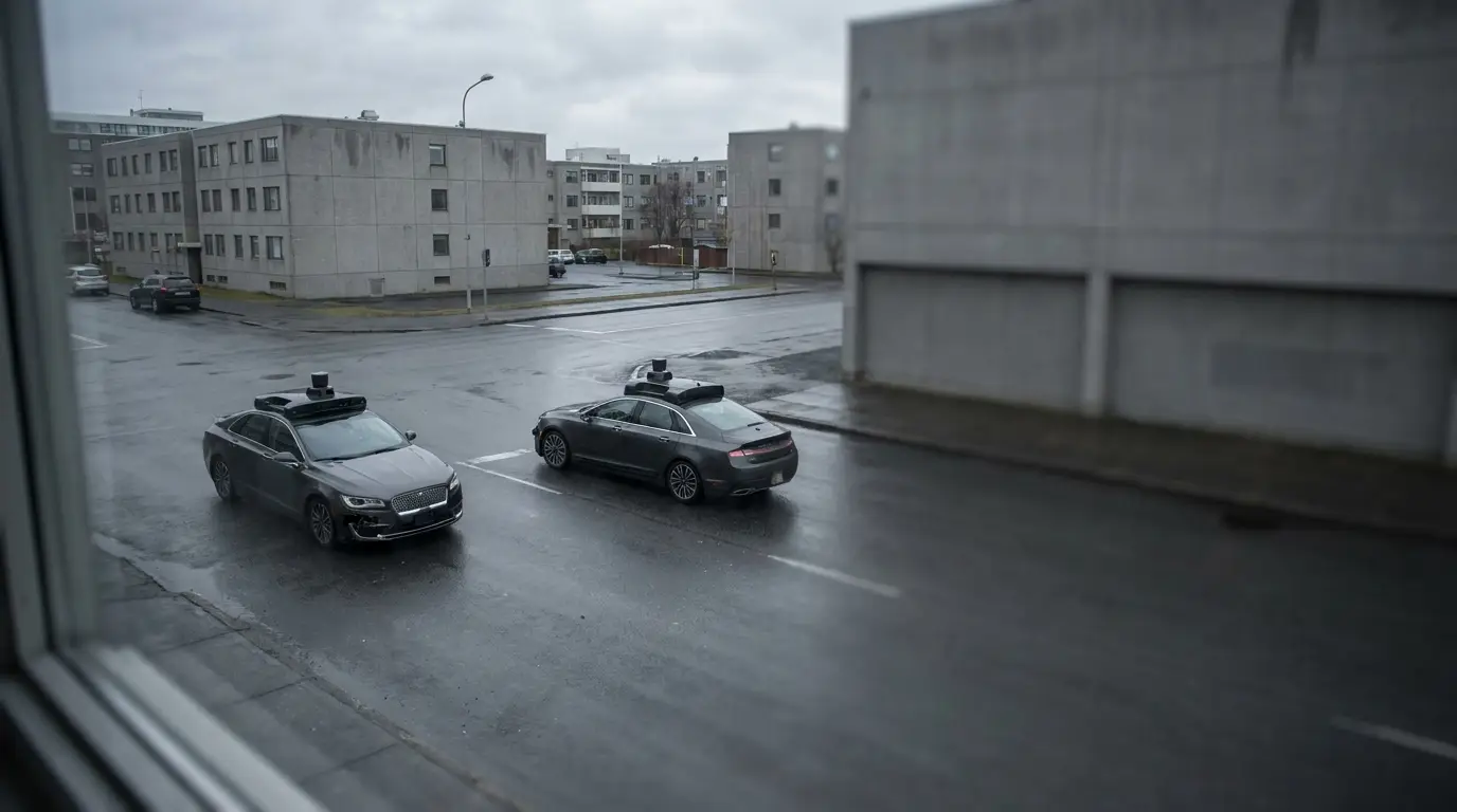Two self-driving cars on overcast urban street with gray buildings in the background