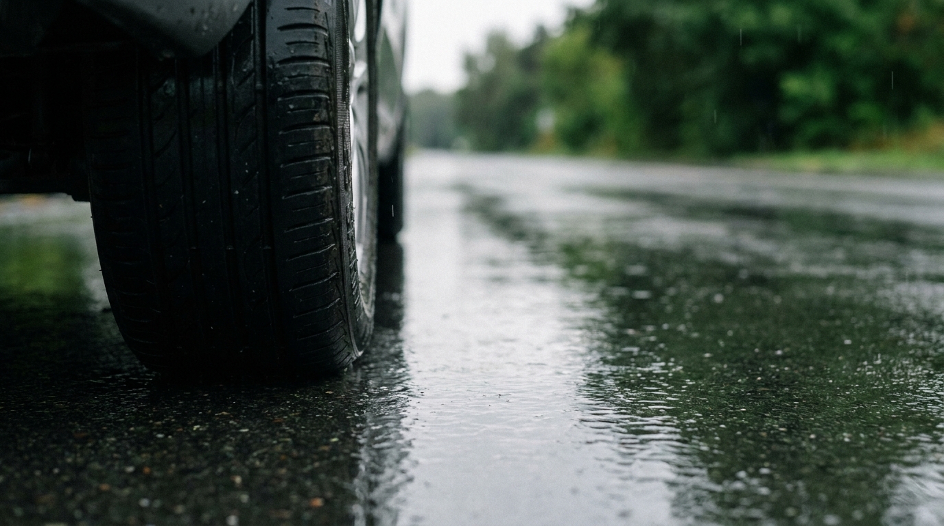 Car tire on wet asphalt road surrounded by greenery in overcast conditions
