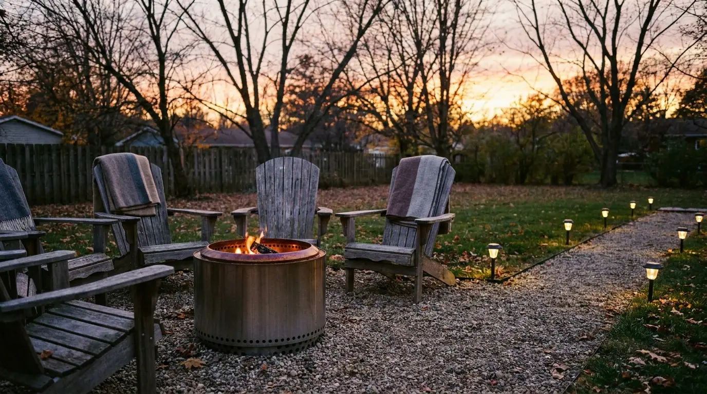 Wooden chairs around a lit fire pit in a backyard during sunset