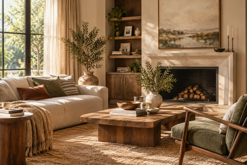 Cozy living room with beige sofa, wooden coffee table, and fireplace with decorative vases
