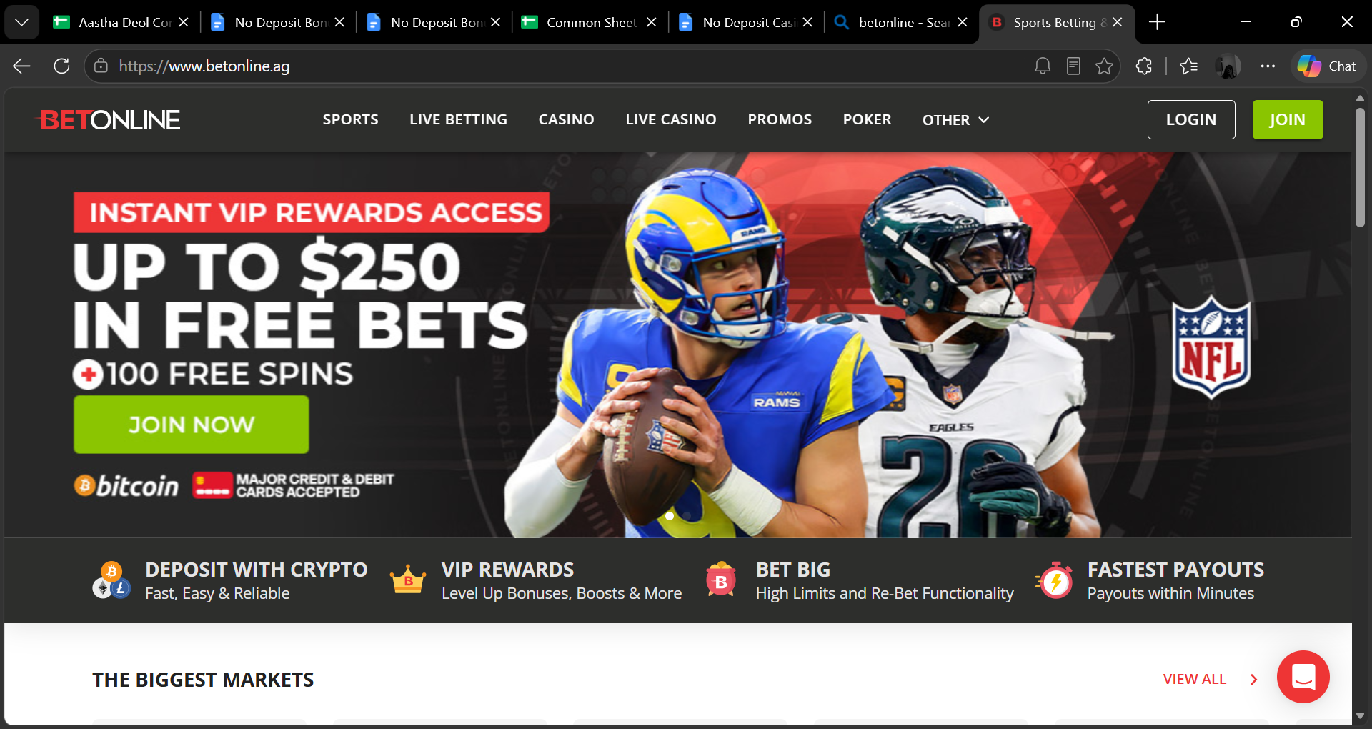 American football players in blue and green uniforms on a sports betting website banner