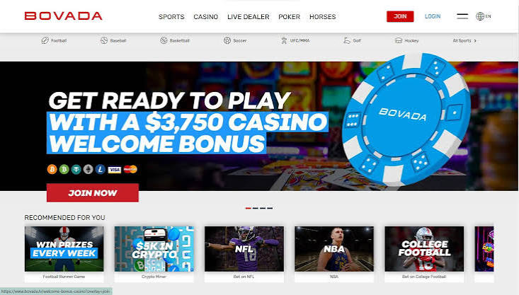 Website homepage with blue poker chip and various sports categories displayed