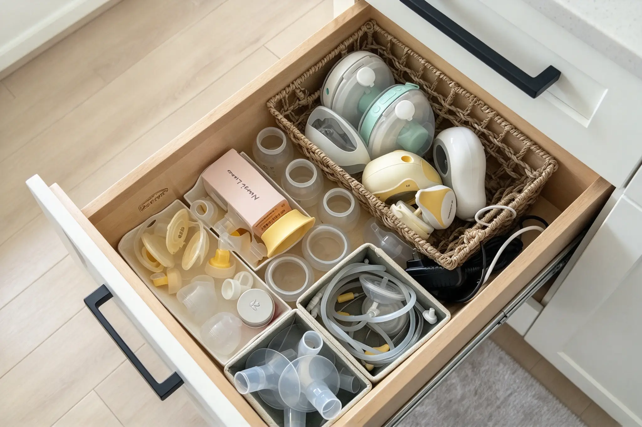 Drawer with organized breast pump parts and accessories in wicker and fabric baskets