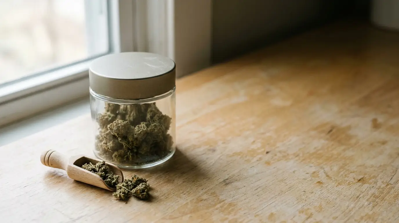 Jar and wooden scoop of dried herb buds on sunlit wooden table
