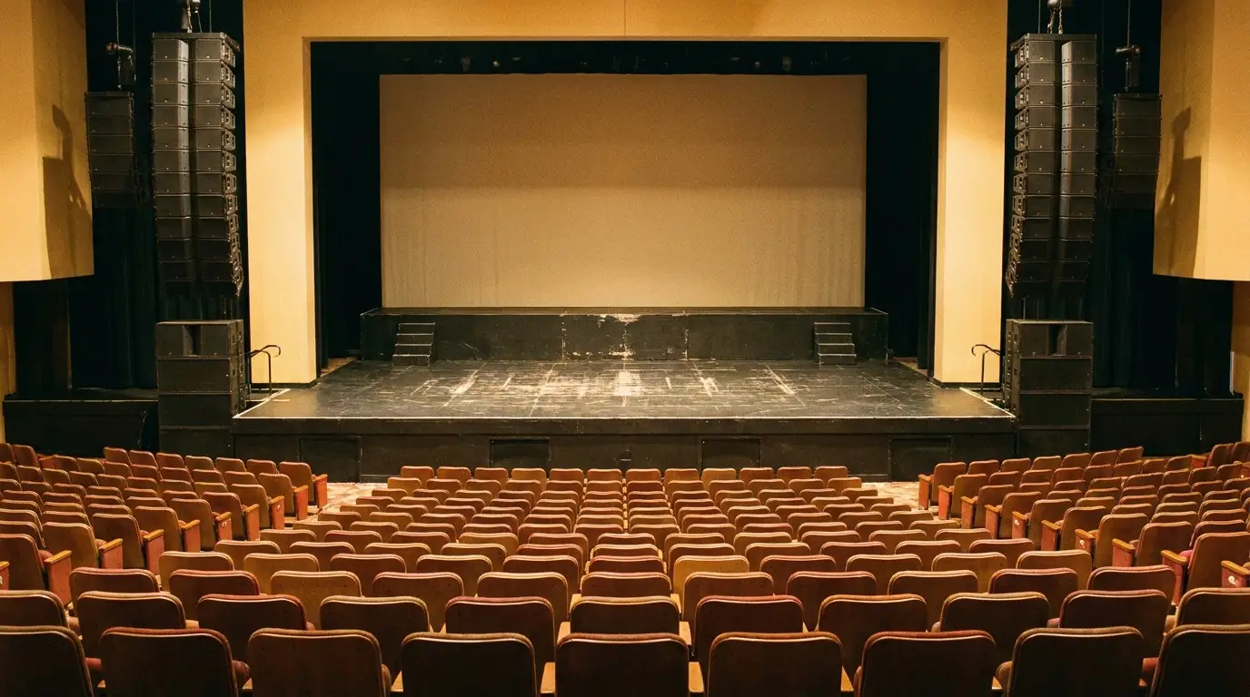 Empty theater with rows of red seats facing a large stage and tall speakers