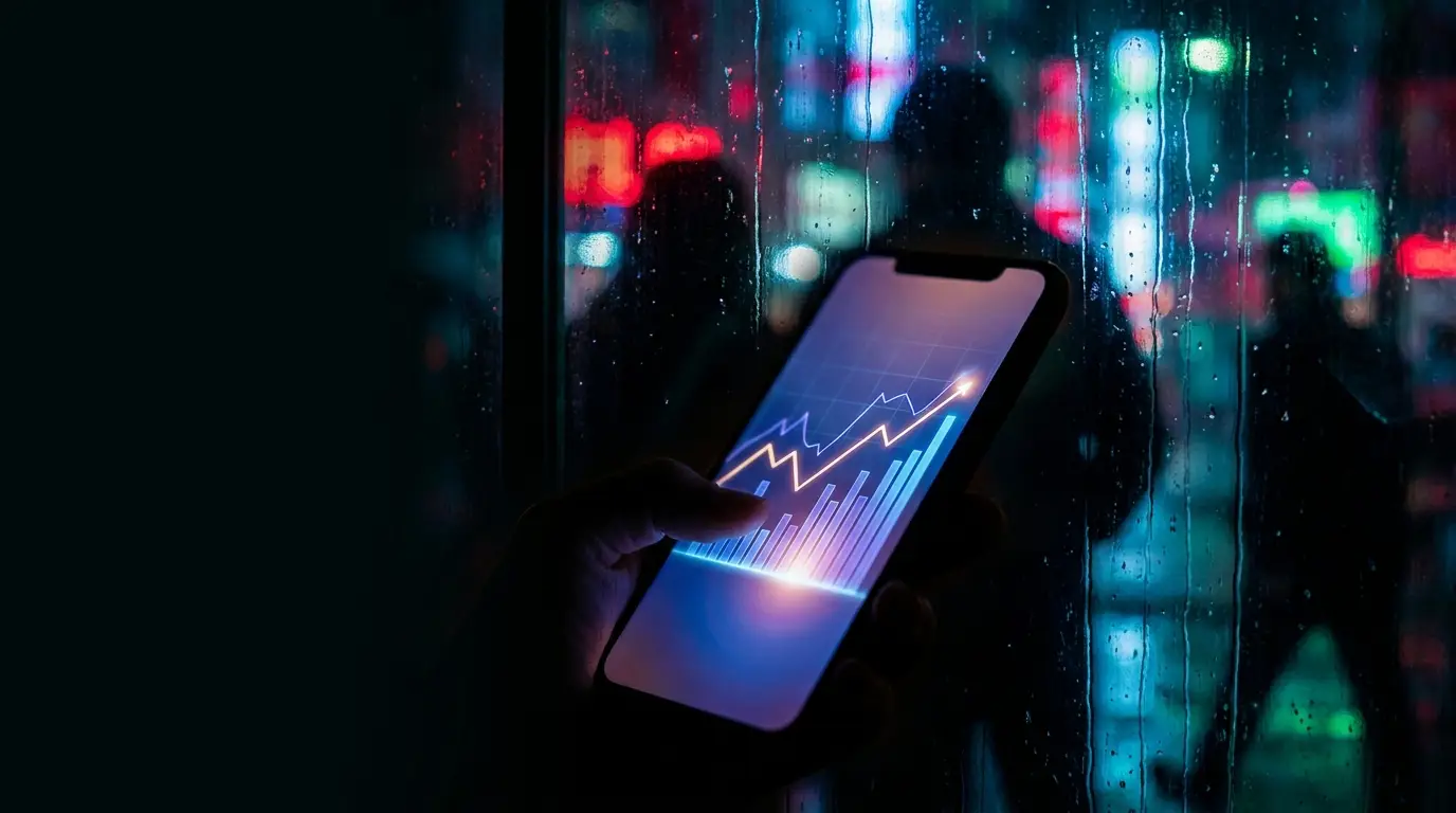 Hand holding smartphone displaying financial graph in dark, rainy city street with neon lights