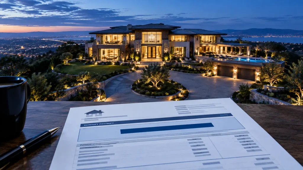 Luxury hillside mansion at dusk with illuminated landscaping, overlooking city lights and a document in foreground