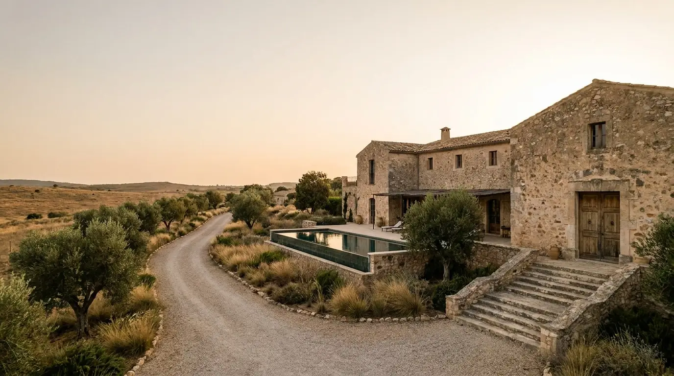 Rustic stone farmhouse with outdoor terrace and pool in serene countryside setting at sunset