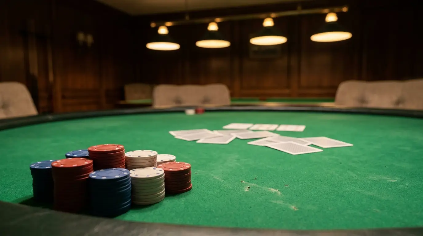 Poker chips and playing cards on green felt table in dimly lit room
