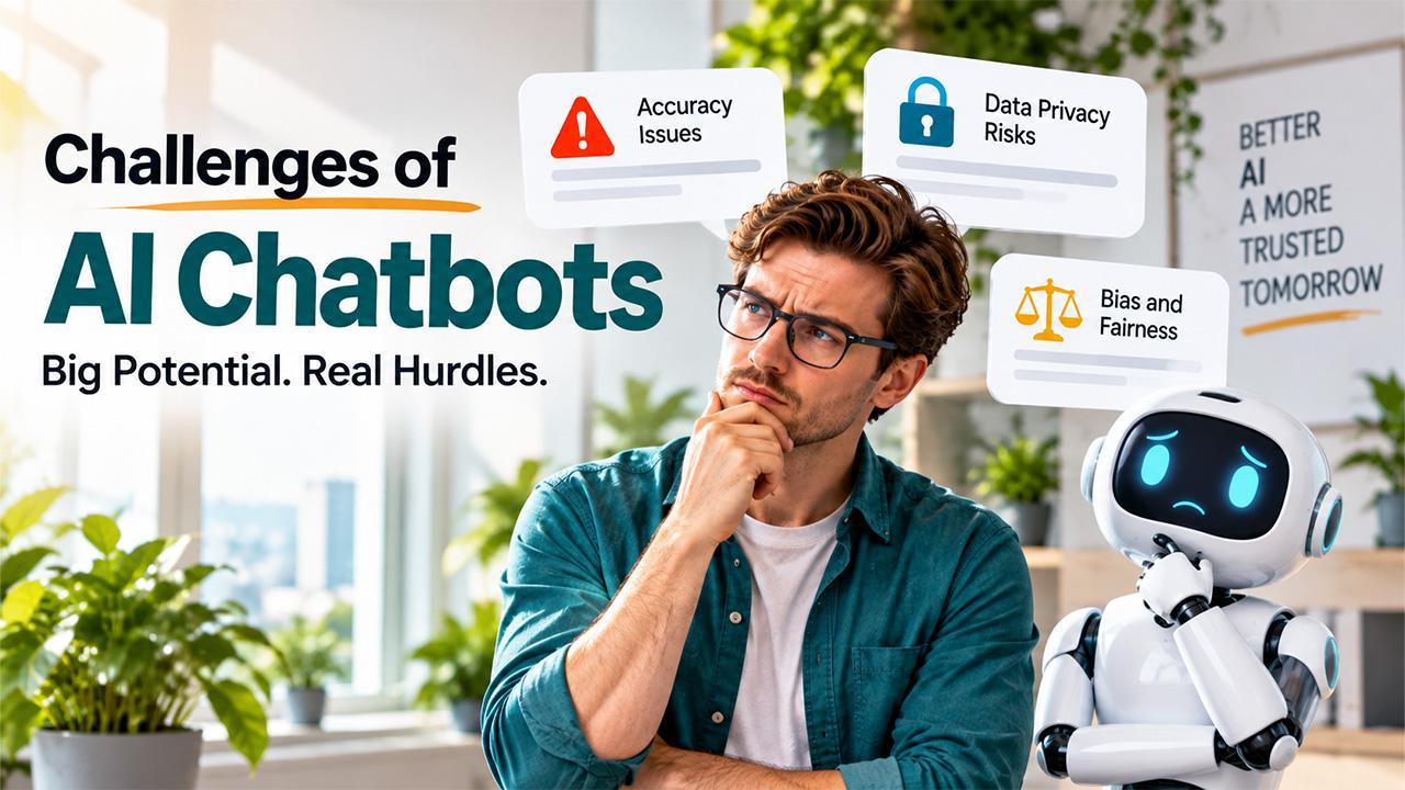 Man thinking with concerned robot in modern office, plants and speech bubbles around them