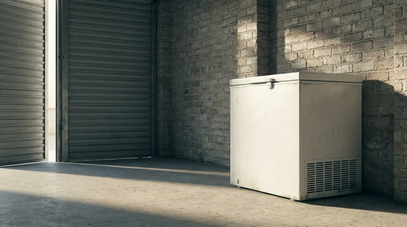 White chest freezer against brick garage wall with side clearance and daylight from an open roller door