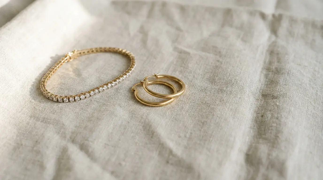 Gold hoop earrings and diamond bracelet on beige fabric under natural light