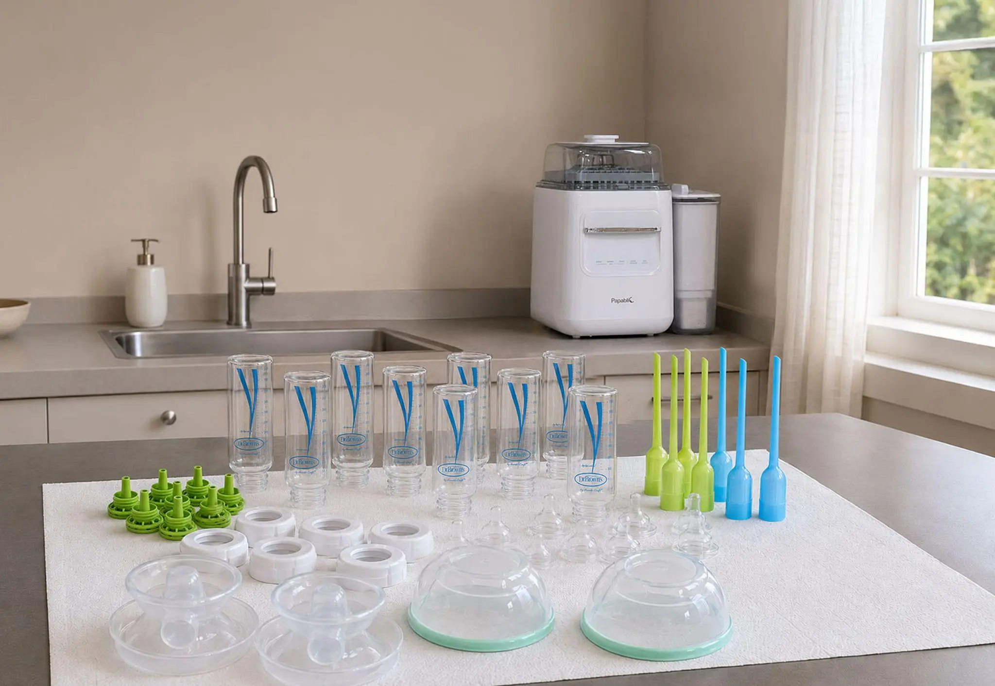 Baby bottles and accessories arranged on kitchen counter near bottle sterilizer in bright room
