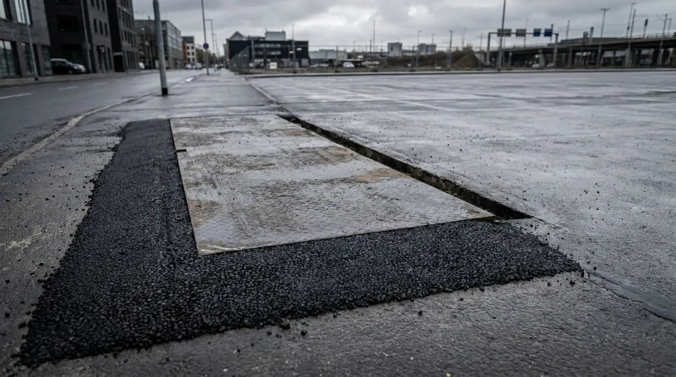 Close-up of an asphalt patch on a grey urban road in overcast weather