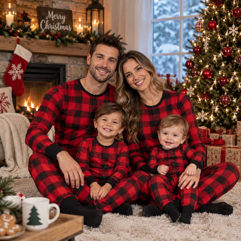Family in matching red plaid pajamas sitting by Christmas tree and fireplace indoors