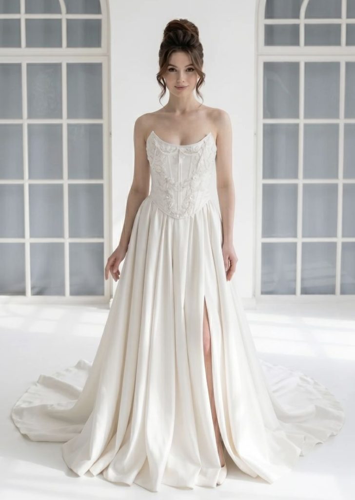 Bride in elegant white gown with floral embroidery standing in bright room with arched windows