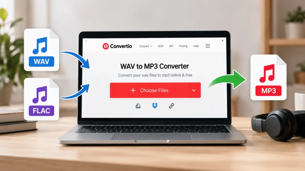 Laptop displaying WAV to MP3 converter website on wooden desk with headphones nearby