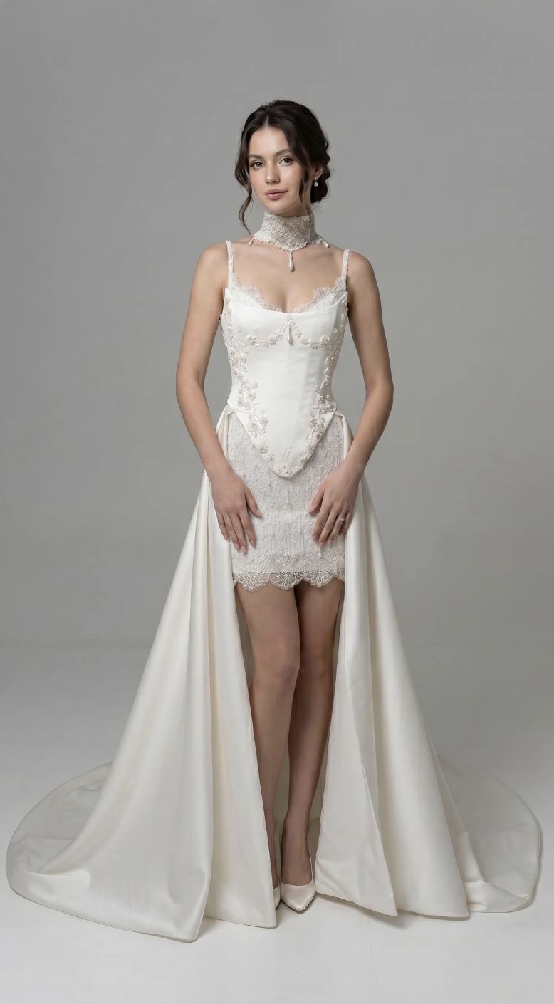 Elegant woman in white embroidered bridal gown with lace choker in studio setting