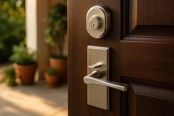 Modern door handle and lock on wooden door with potted plants outside in warm lighting