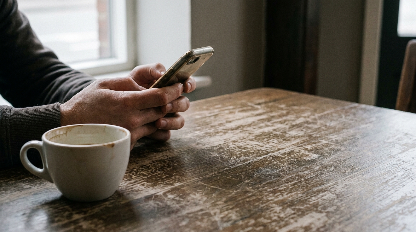 Hands holding smartphone above rustic wooden table with white coffee cup nearby
