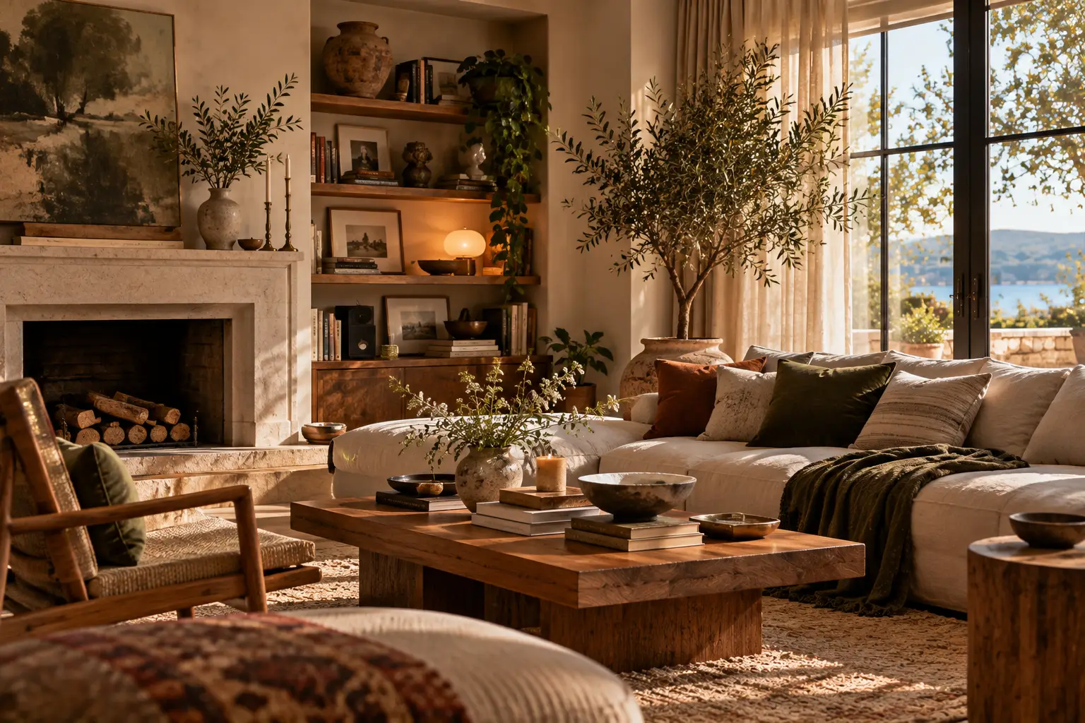 Cozy living room with large sofa, wooden coffee table, and indoor plants under warm daylight