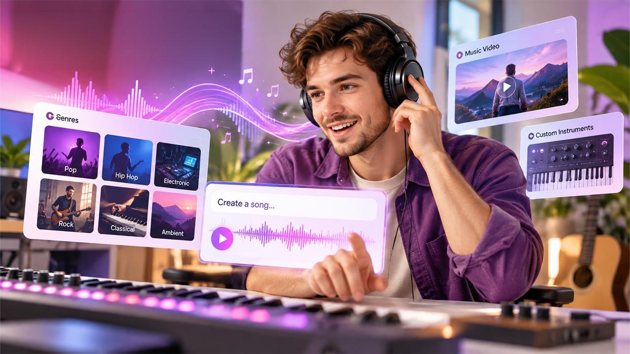 Man wearing headphones creating music on computer with virtual interface in modern studio