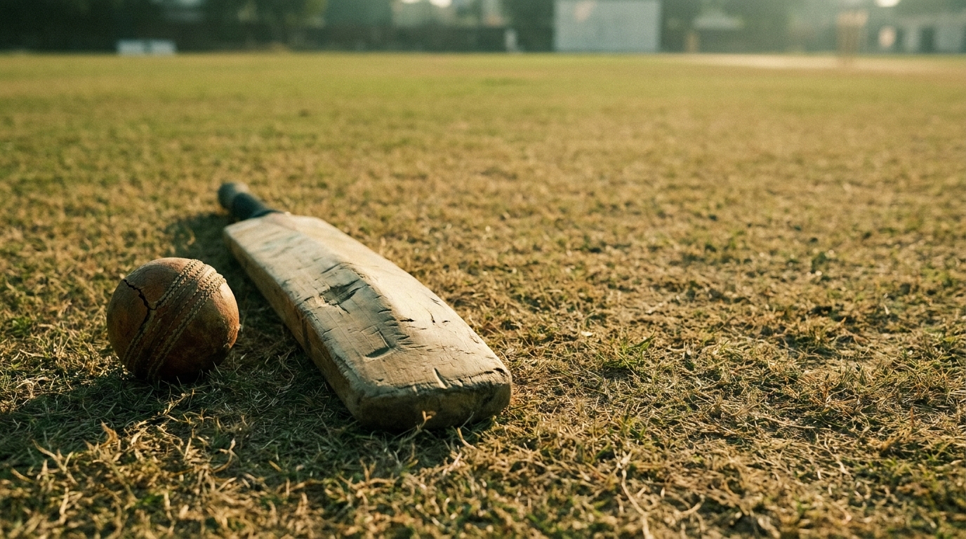 Cricket bat and ball lying on a grassy field under sunlight