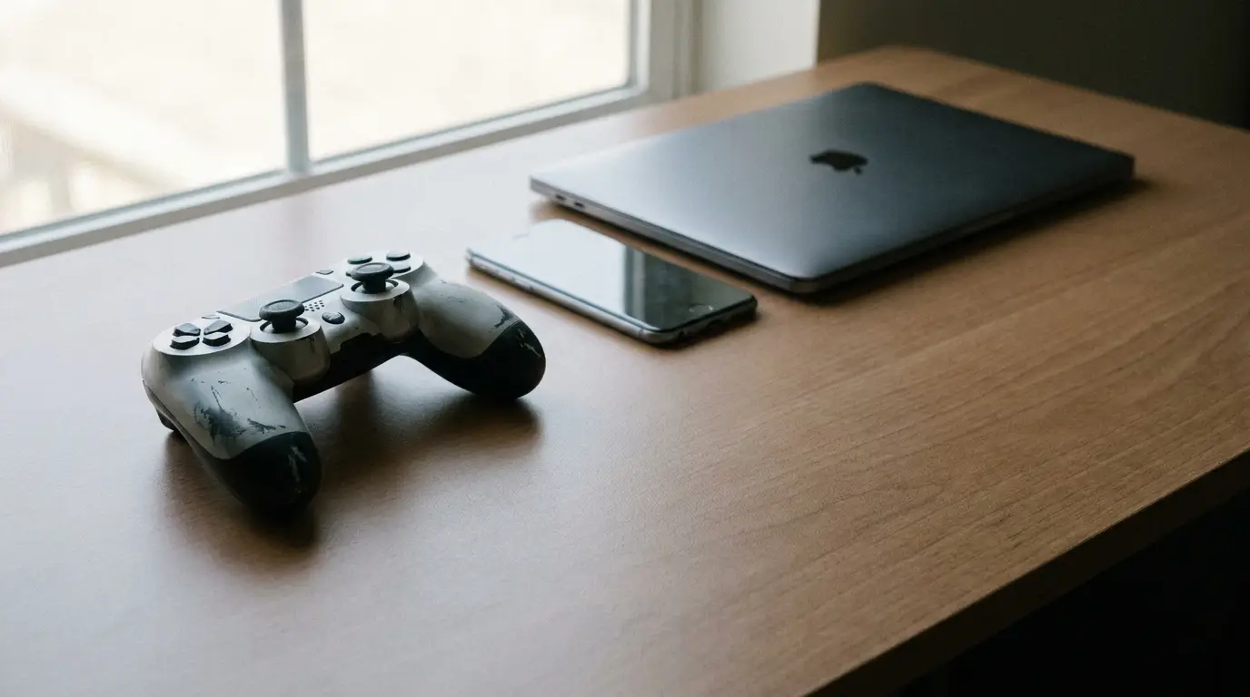 Gaming controller, smartphone, and closed laptop on wooden desk by window in natural light