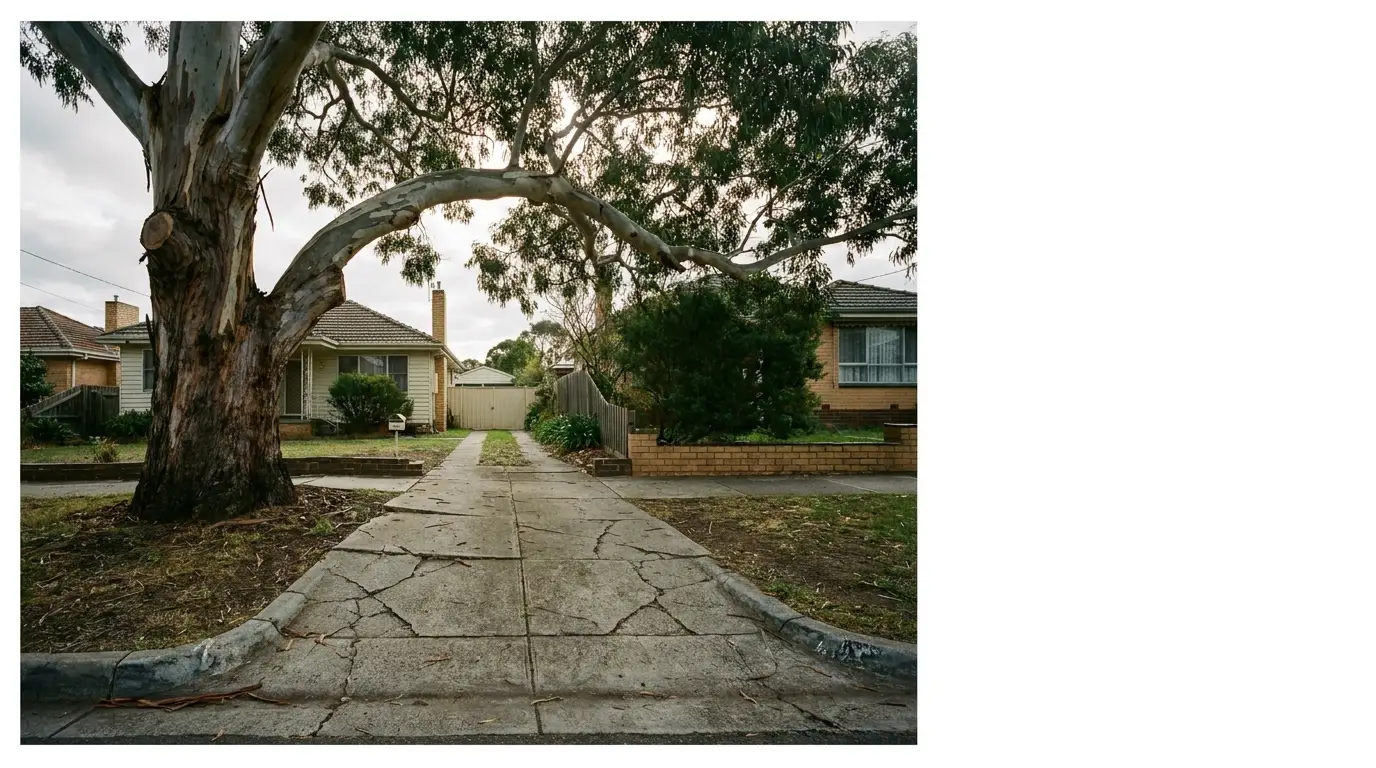 Tree-lined suburban driveway leading to brick house under overcast sky