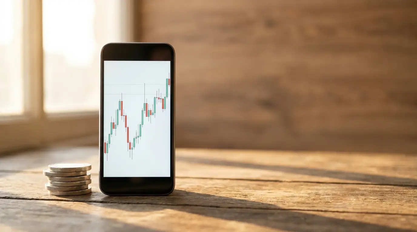 Smartphone displaying stock market graph on wooden table next to stacked coins in sunlight
