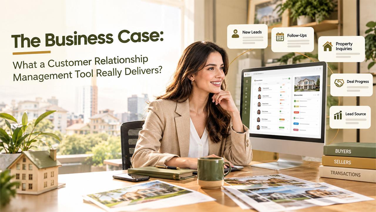 Businesswoman in office using computer with CRM software, surrounded by paperwork and house models