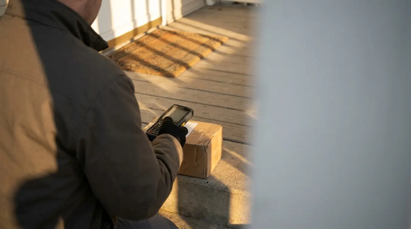 Delivery person scanning package on doorstep in warm lighting