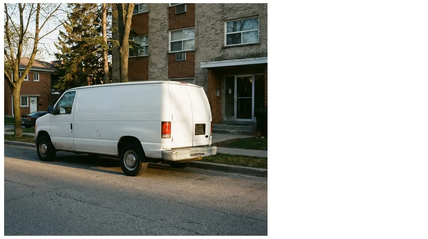 White delivery van parked on residential street beside brick apartment buildings