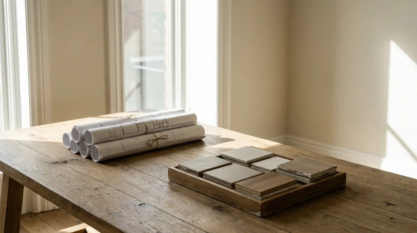 Architecture blueprints and tile samples on wooden table in sunlit room