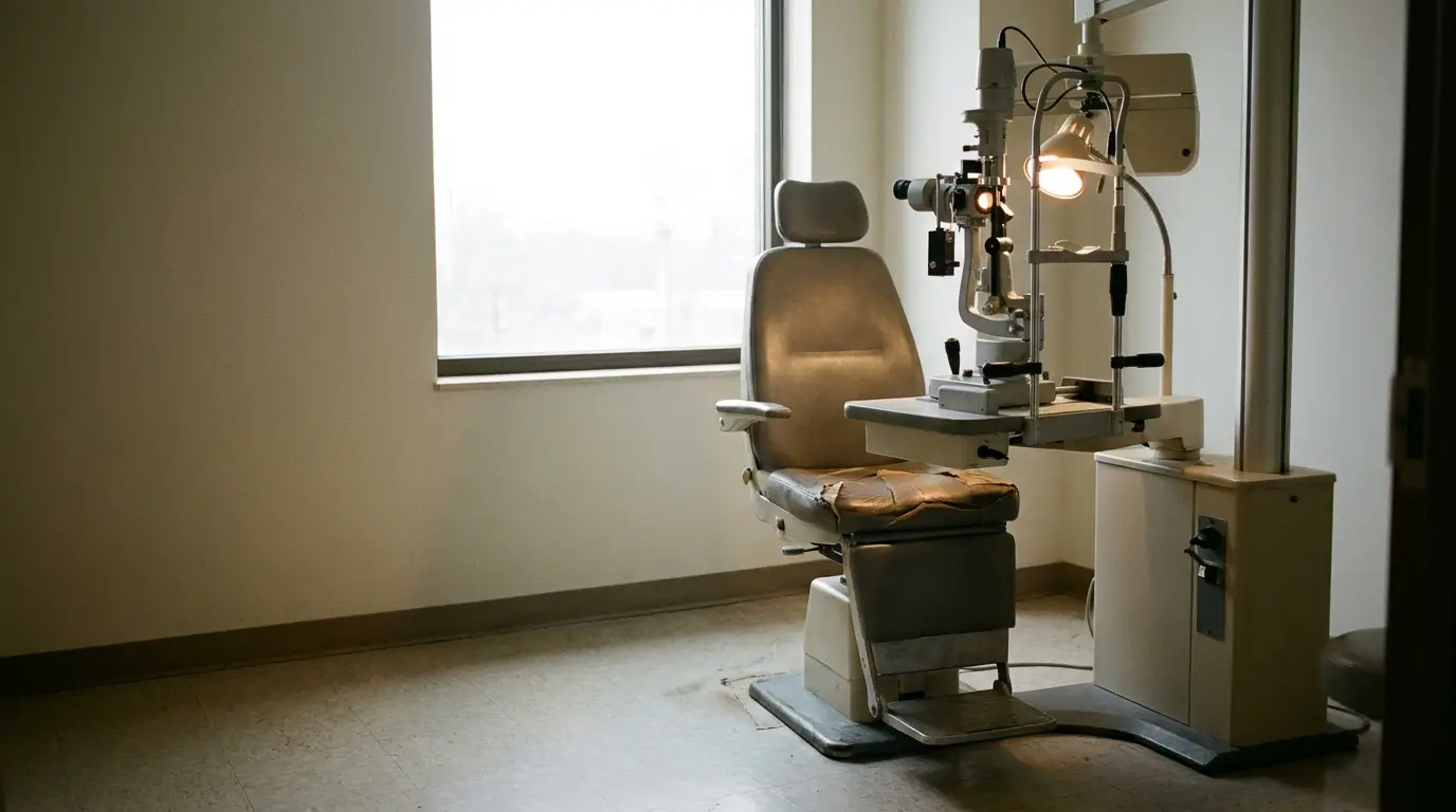 Optometry exam chair and equipment in dimly lit examination room with large window