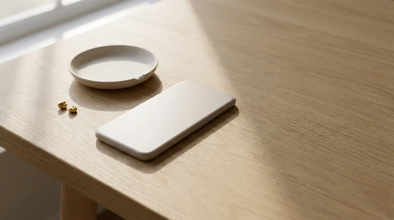 Smartphone and small dish with golden objects on light wooden table in natural daylight
