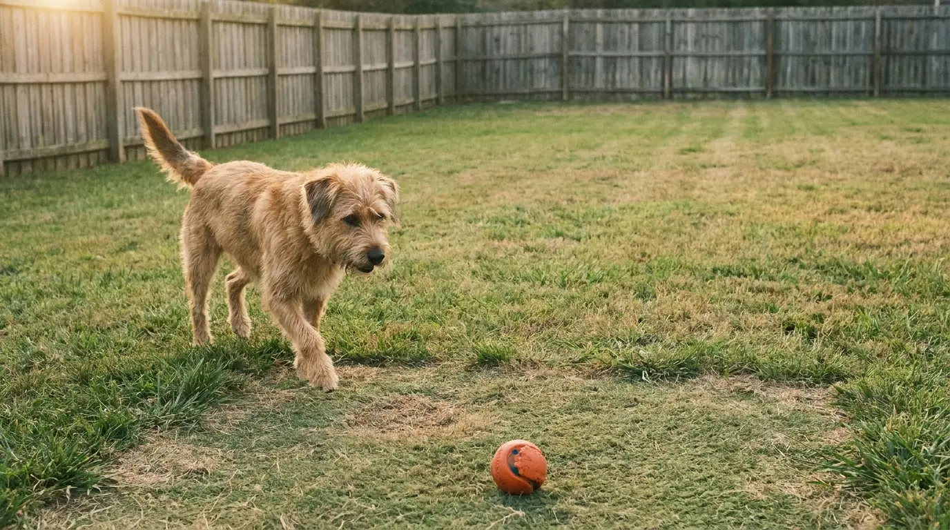 Dog playing with an orange ball in a fenced backyard under warm sunlight