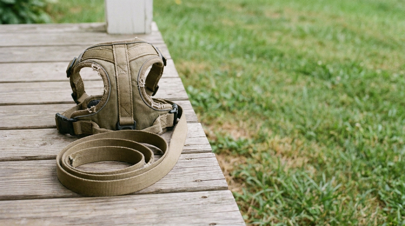 Khaki dog harness and leash coiled on wooden deck beside green lawn